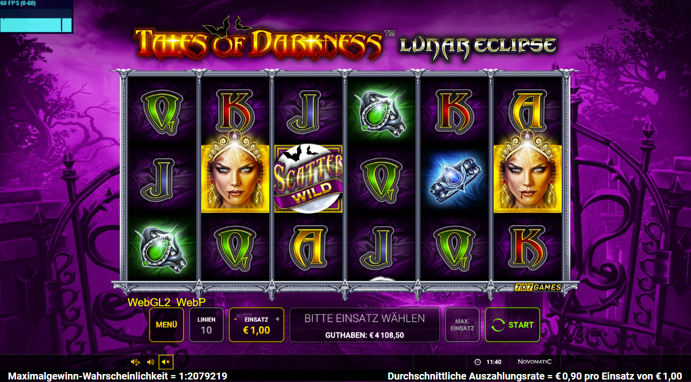 Tales-of-Darkness-Lunar-Eclipse-Slot mit Scatter‑Wild, Vampir, Ringen und A‑K‑Q‑J‑Symbolen.