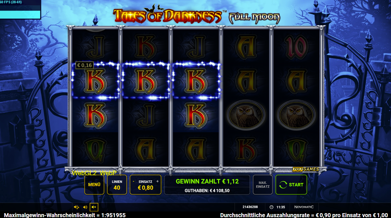Tales-of-Darkness-Full-Moon-Slot mit markierten Gewinnfeldern und K‑Symbolen.