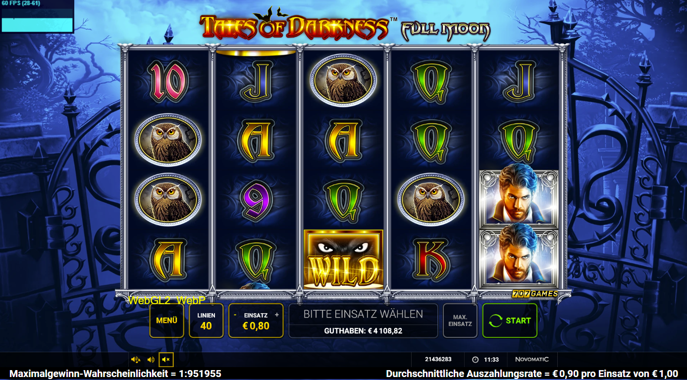 Tales-of-Darkness-Full-Moon-Slot mit Wild‑Augen, Eule, Vampir‑Portr&auml;ts und A‑K‑Q‑J‑10.