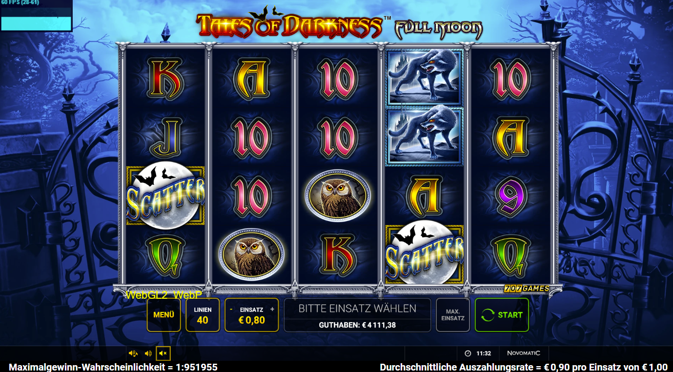 Tales-of-Darkness-Full-Moon-Slot mit Wolf‑Symbol, Eule, Scatter‑Mond und A‑K‑Q‑J‑10.