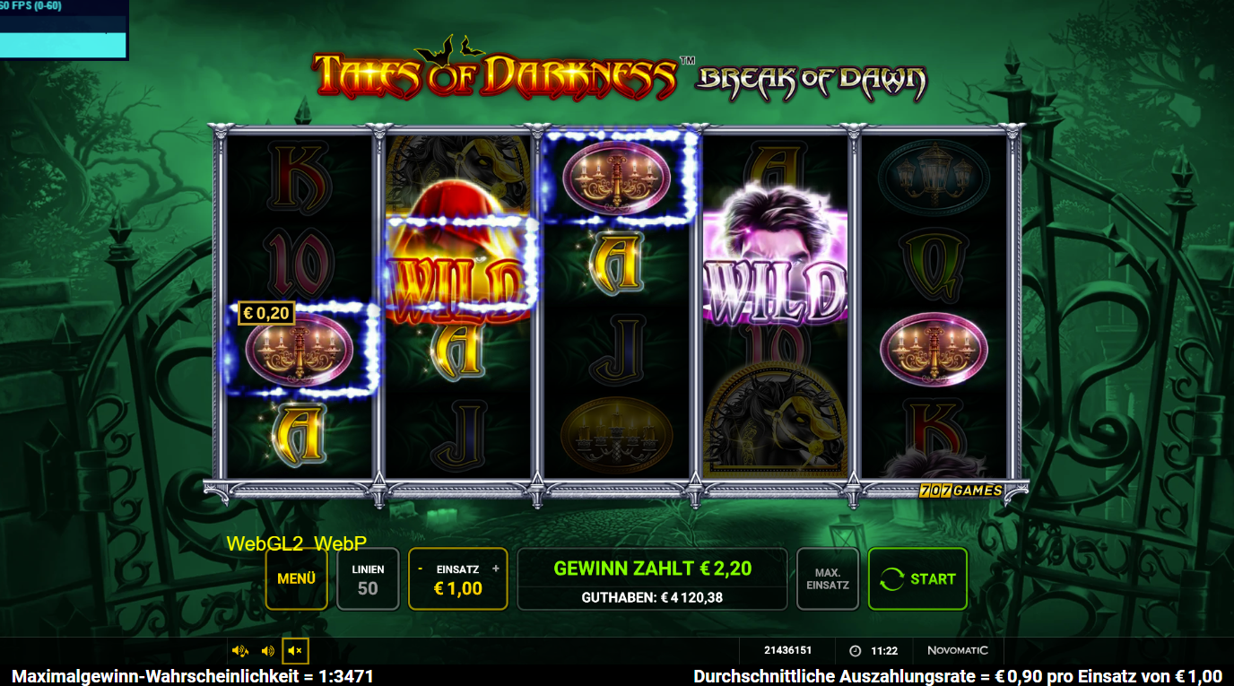 Tales-of-Darkness-Break-of-Dawn-Slot mit Wilds, Gewinnlinie und schwarzem Pferd.