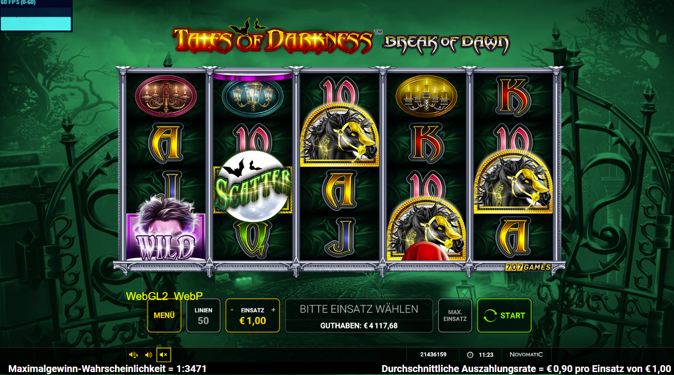 Tales-of-Darkness-Break-of-Dawn-Slot mit Scatter‑Mond, Pferd, Vampir‑Wild und Kronleuchtern.