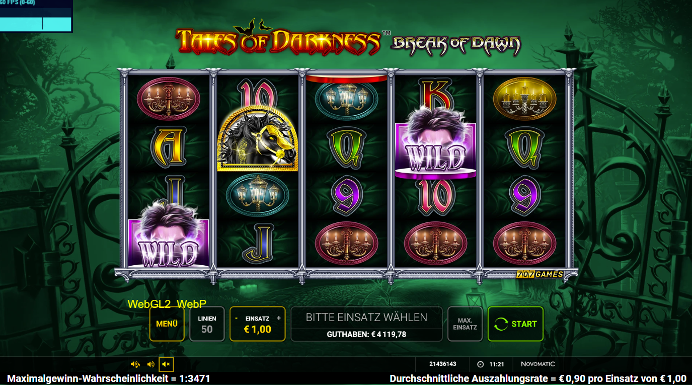 Tales-of-Darkness-Break-of-Dawn-Slot mit Vampir‑Wild, schwarzem Pferd und Kronleuchtern.