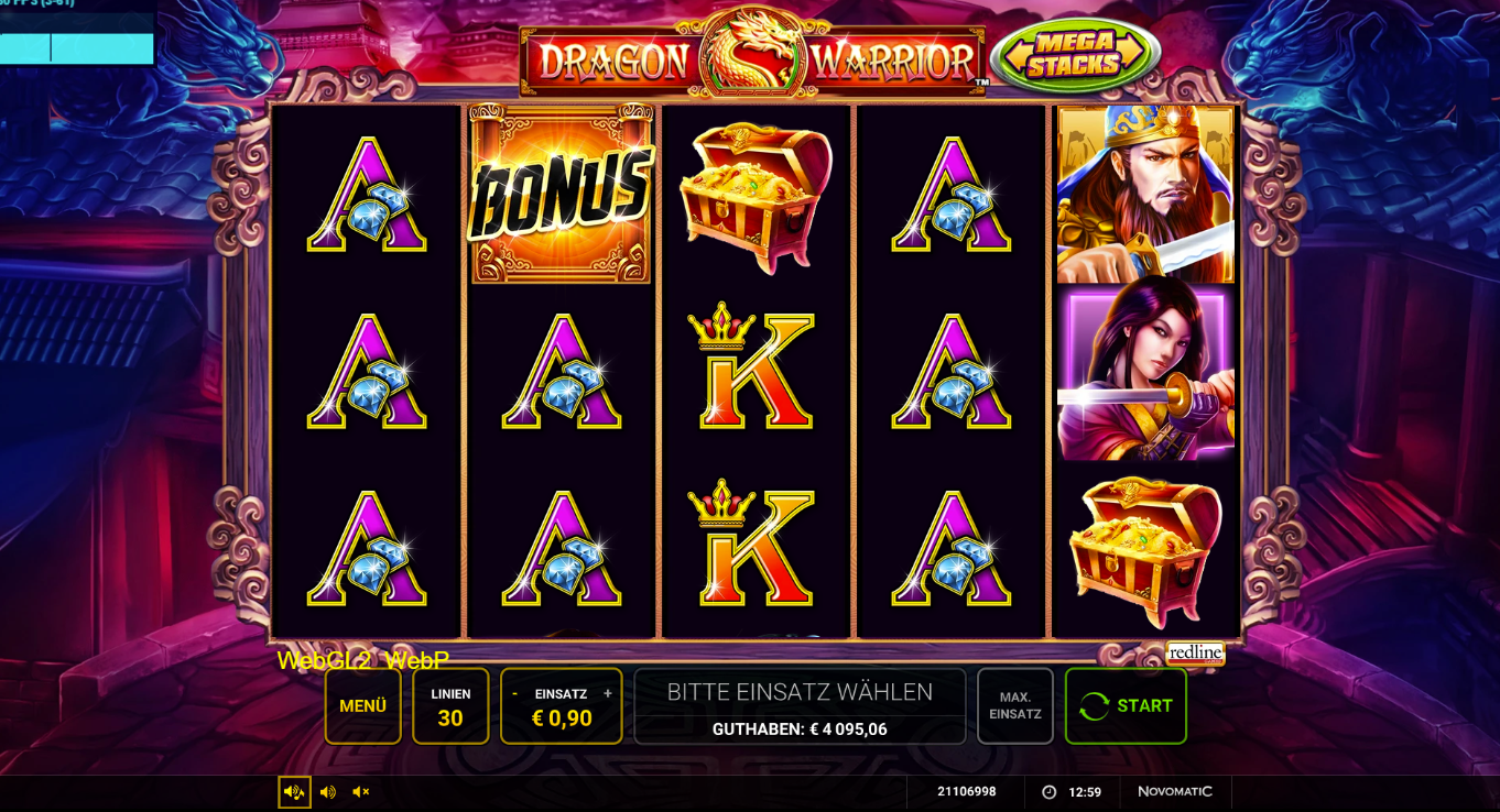 Dragon-Warrior-Slot mit Bonus‑Truhe, Kartenwerten A‑K und Krieger‑Portr&auml;ts.
