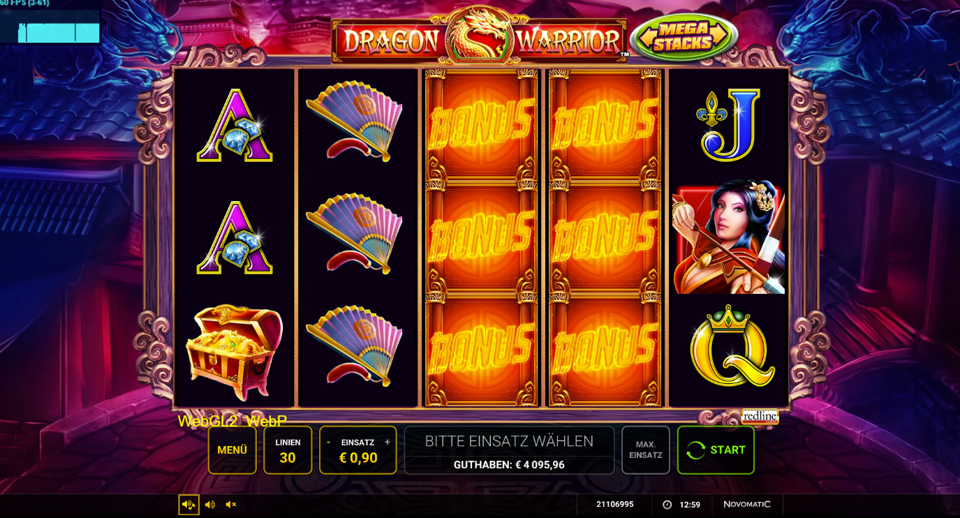 Dragon-Warrior-Slot mit Bonus‑Stacks, F&auml;chern, Schatztruhen und Krieger‑Portr&auml;t.