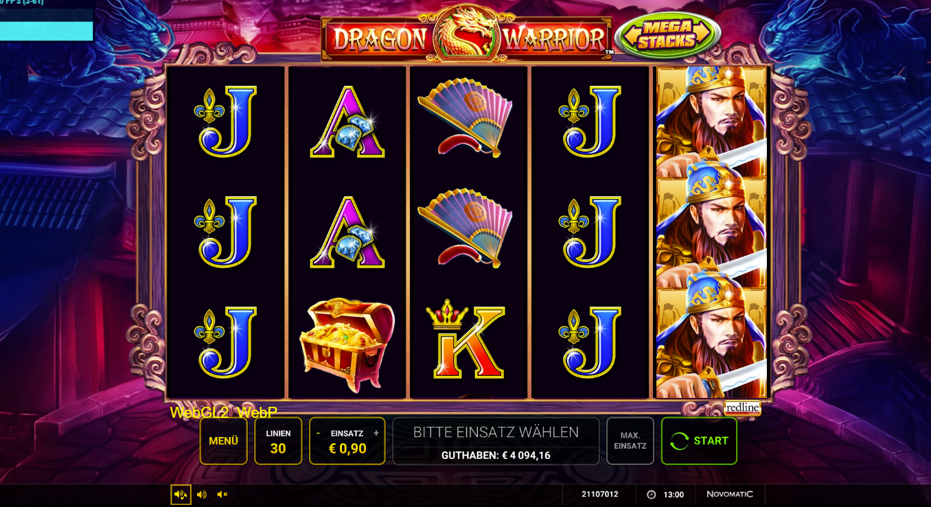 Dragon-Warrior-Slot mit gestapeltem Krieger‑Symbol, F&auml;chern, Schatztruhe und J‑A‑K.