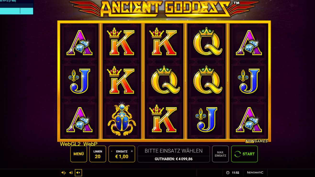 Ancient-Goddess-Slot mit Kartenwerten A‑K‑Q‑J, goldenem Skarab&auml;us und dunklem Tempel‑Design.