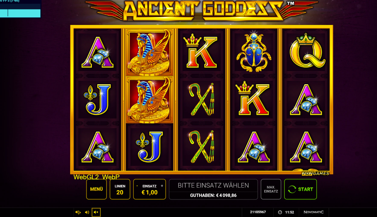 Ancient-Goddess-Slot mit gefl&uuml;gelter Statue, Skarab&auml;us, A‑K‑Q‑J und Hirtenstab.