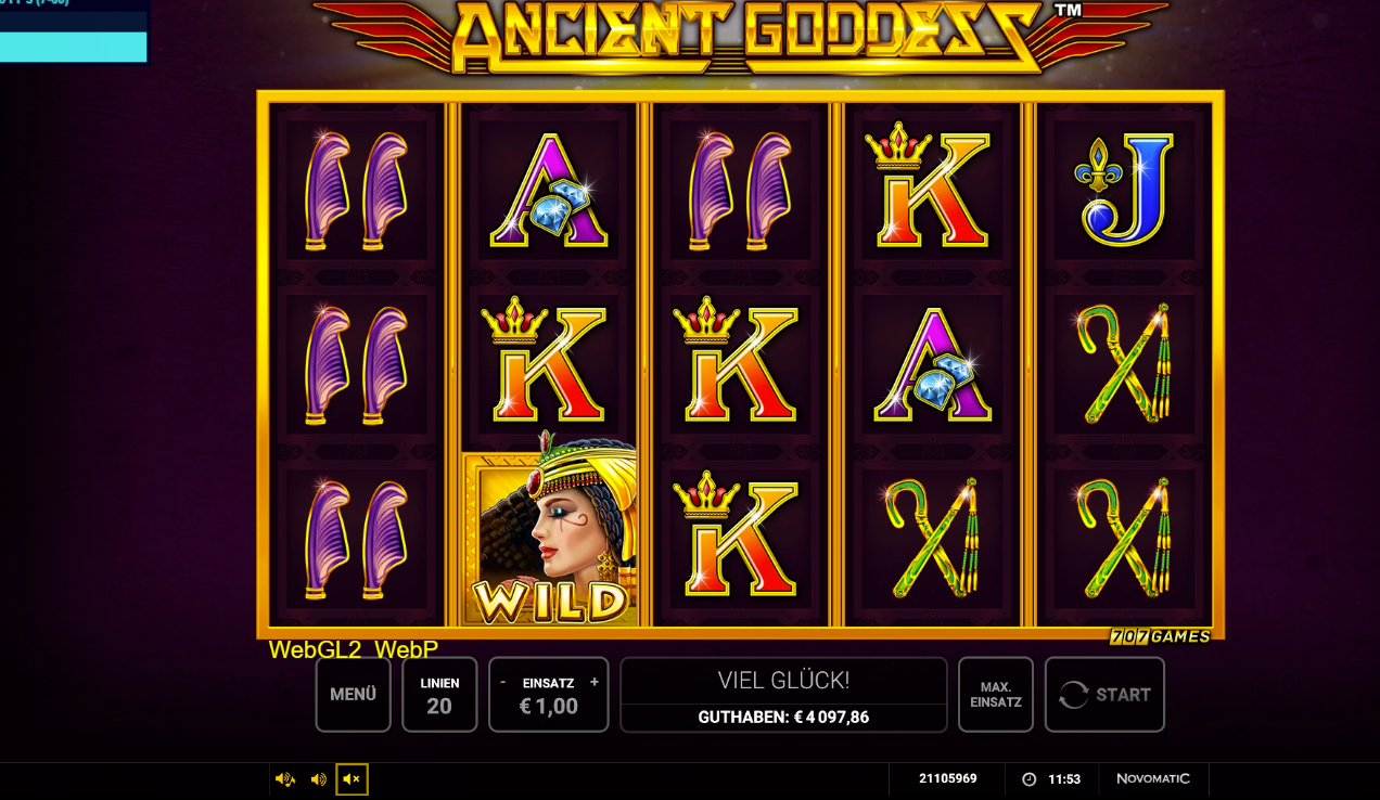 Ancient-Goddess-Slot mit Cleopatra‑Wild, gefiederten Symbolen, A‑K‑Q‑J und Hirtenst&auml;ben.