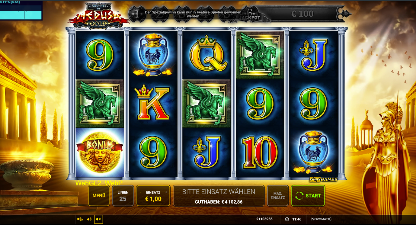 Myth-of-Medusa-Gold-Slot mit Pegasus‑Statuen, Amphore, Bonus‑Medusa und Kartenwerten.