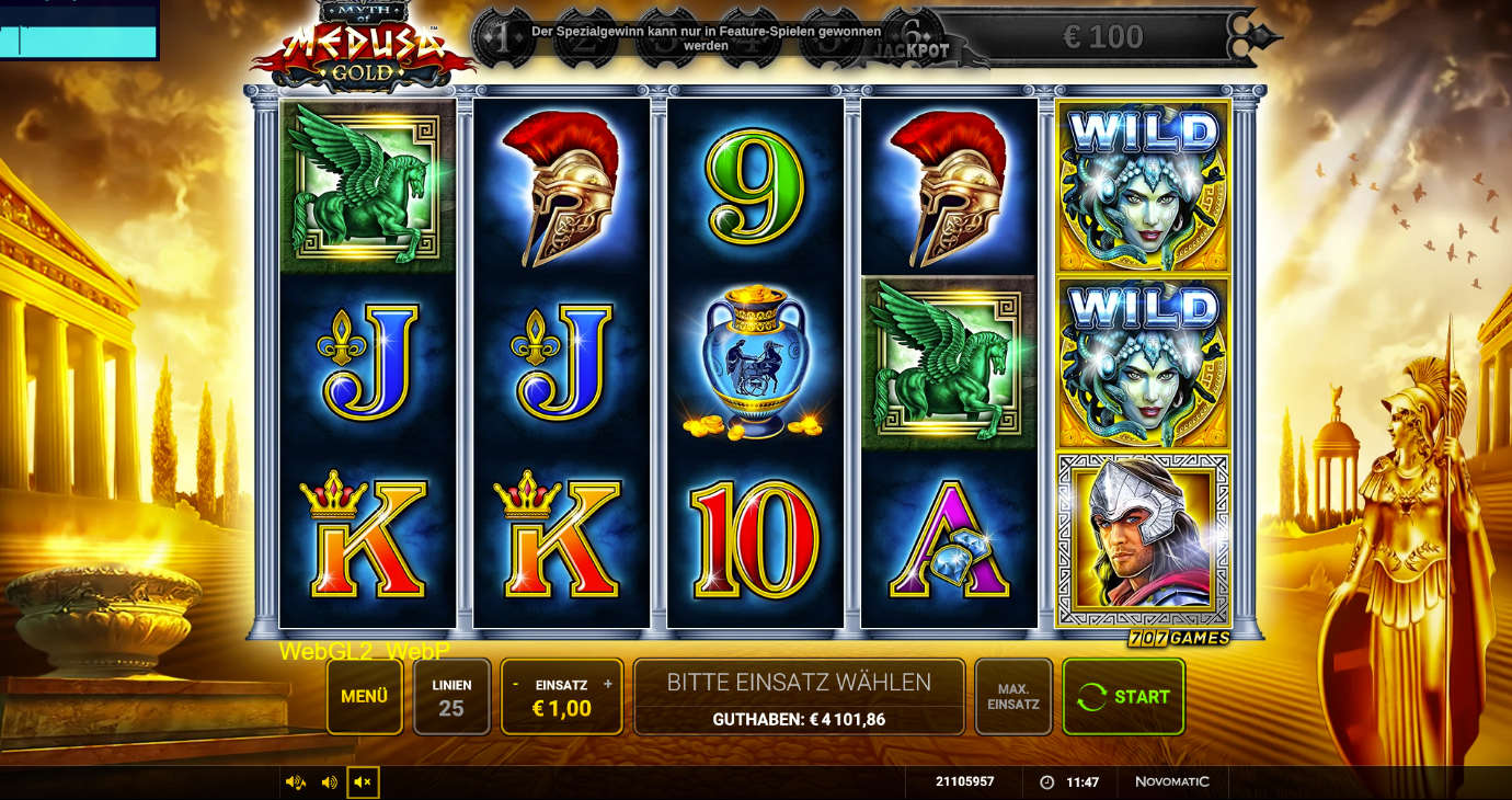 Myth-of-Medusa-Gold-Slot mit Medusa‑Wilds, Pegasus, Helm, Amphore und Kartenwerten.