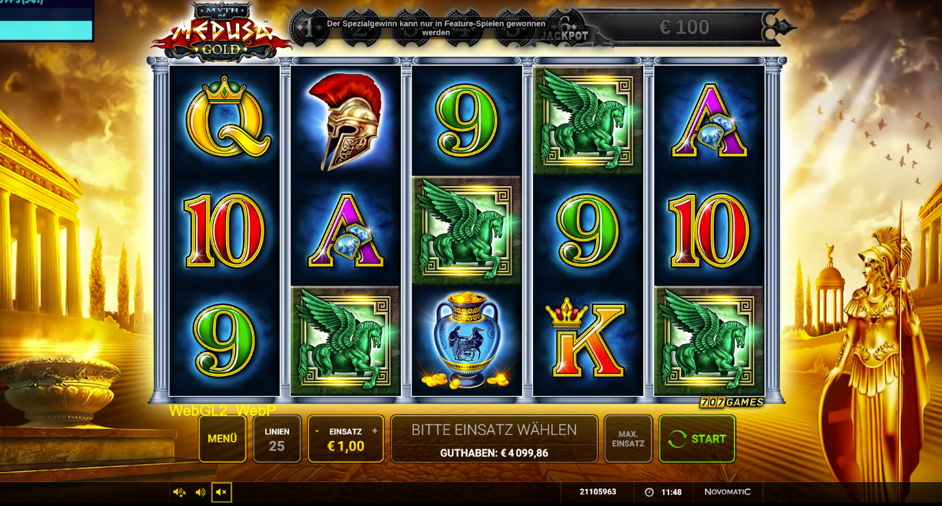 Myth-of-Medusa-Gold-Slot mit Pegasus‑Symbolen, Amphore, Helm und Kartenwerten.