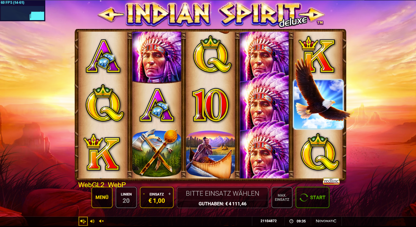 Indian-Spirit-deluxe-Slot mit H&auml;uptlingsportr&auml;t, Adler-Bonus, Kanu, A‑K‑Q‑10.