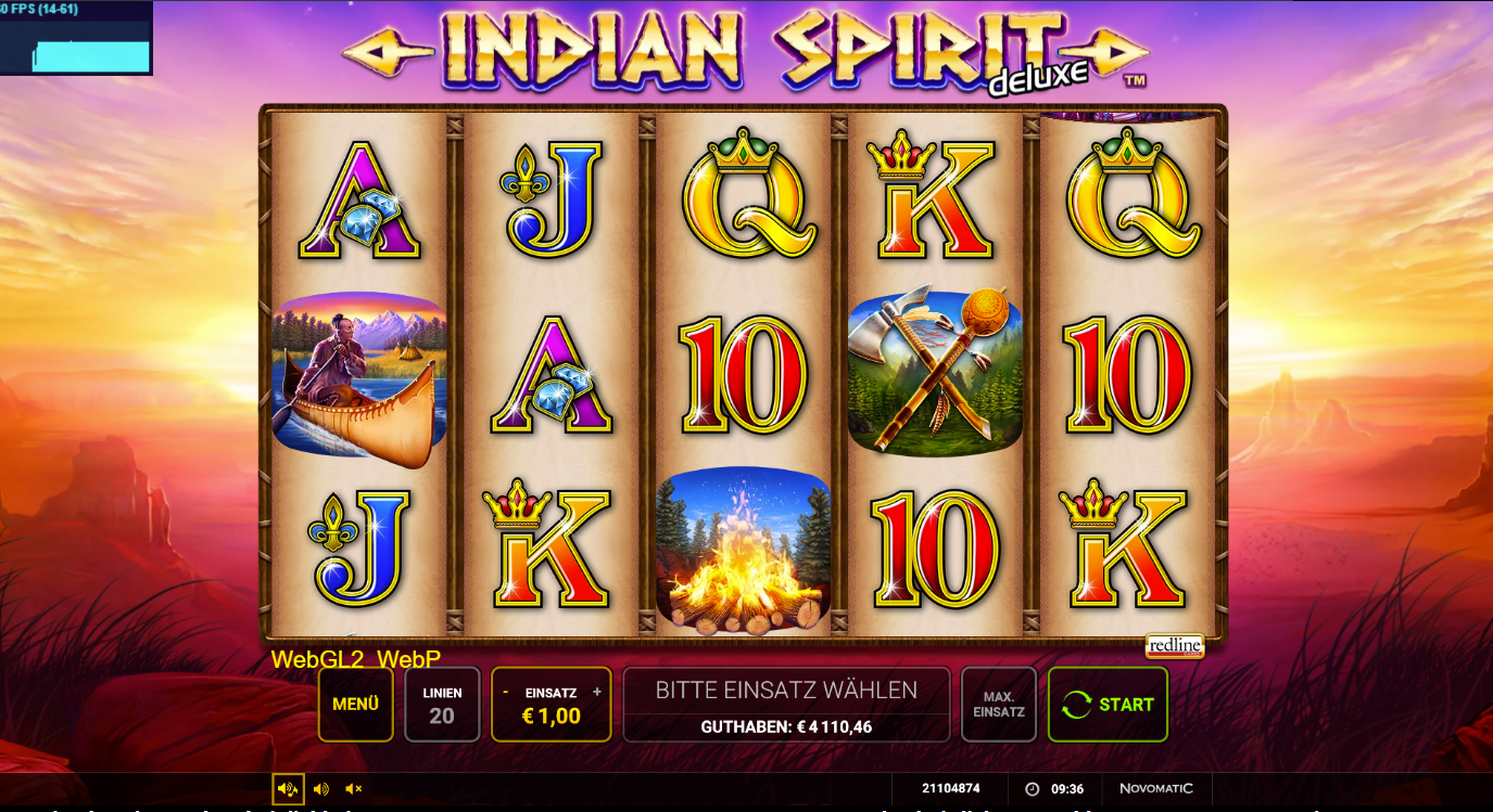 Indian-Spirit-deluxe-Slot mit Kanu‑Symbol, Lagerfeuer, &Auml;xten und A‑K‑Q‑J‑10.