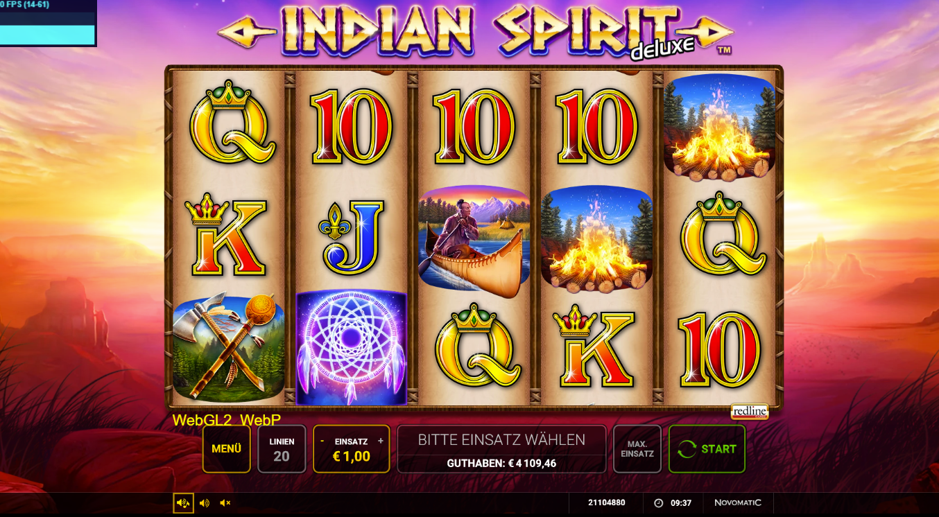 Indian-Spirit-deluxe-Slot mit Traumf&auml;nger‑Wild, Kanu, Lagerfeuer, &Auml;xten und Q‑K‑10.