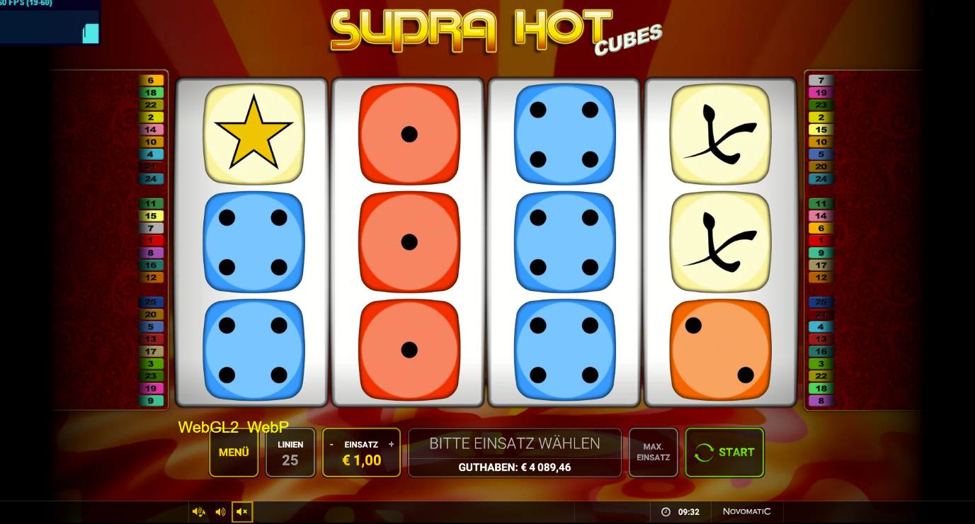 Supra-Hot-Cubes-Slot mit blauen, roten und gelben W&uuml;rfeln sowie Stern‑Wild.