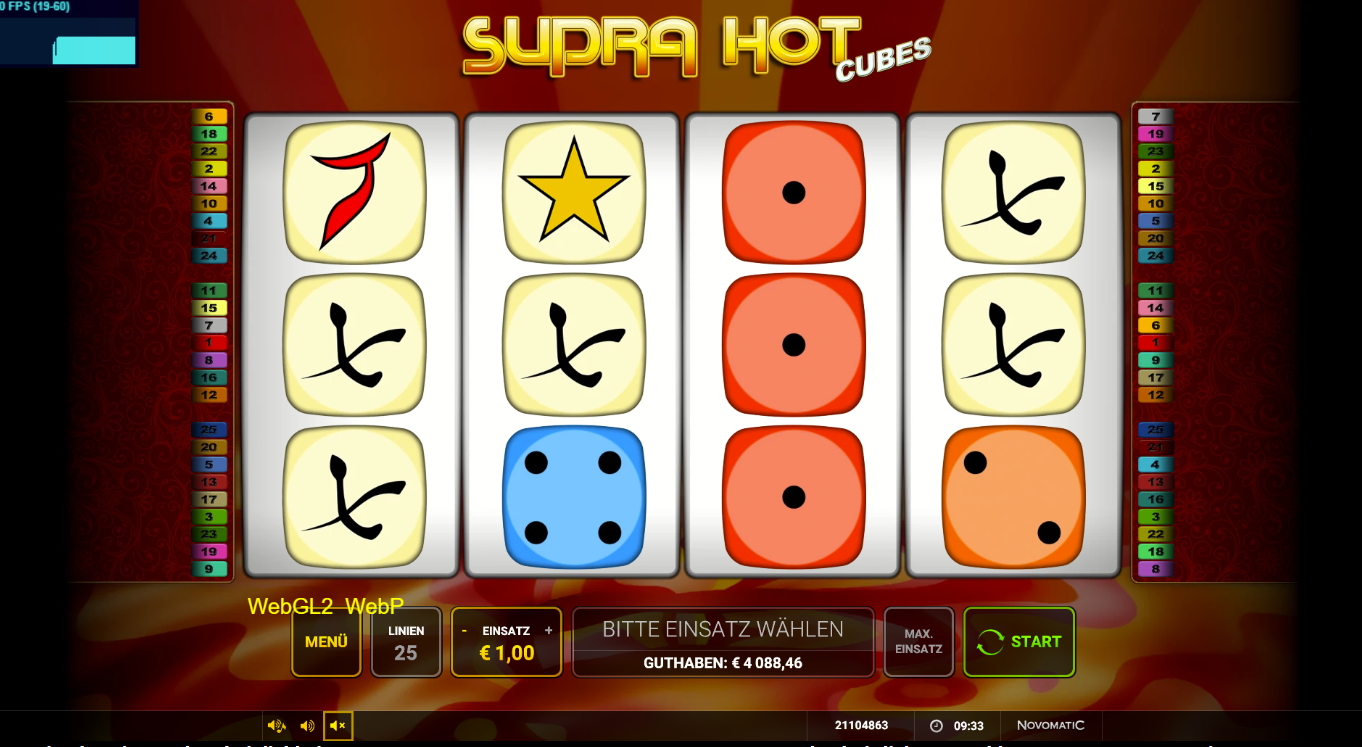 Supra-Hot-Cubes-Slot mit gelben, roten, blauen W&uuml;rfeln, Stern‑Wild und chinesischen Zeichen.