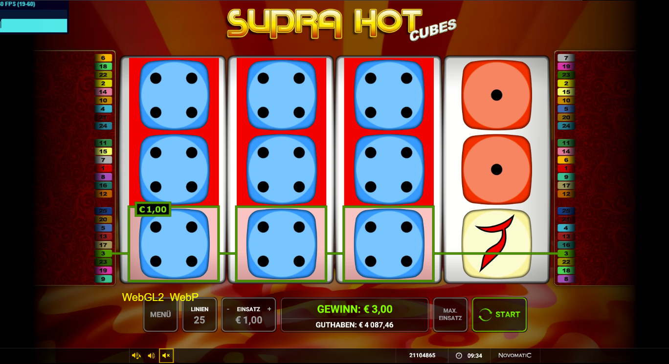 Supra-Hot-Cubes-Slot mit blauen W&uuml;rfeln und Gewinnlinie.