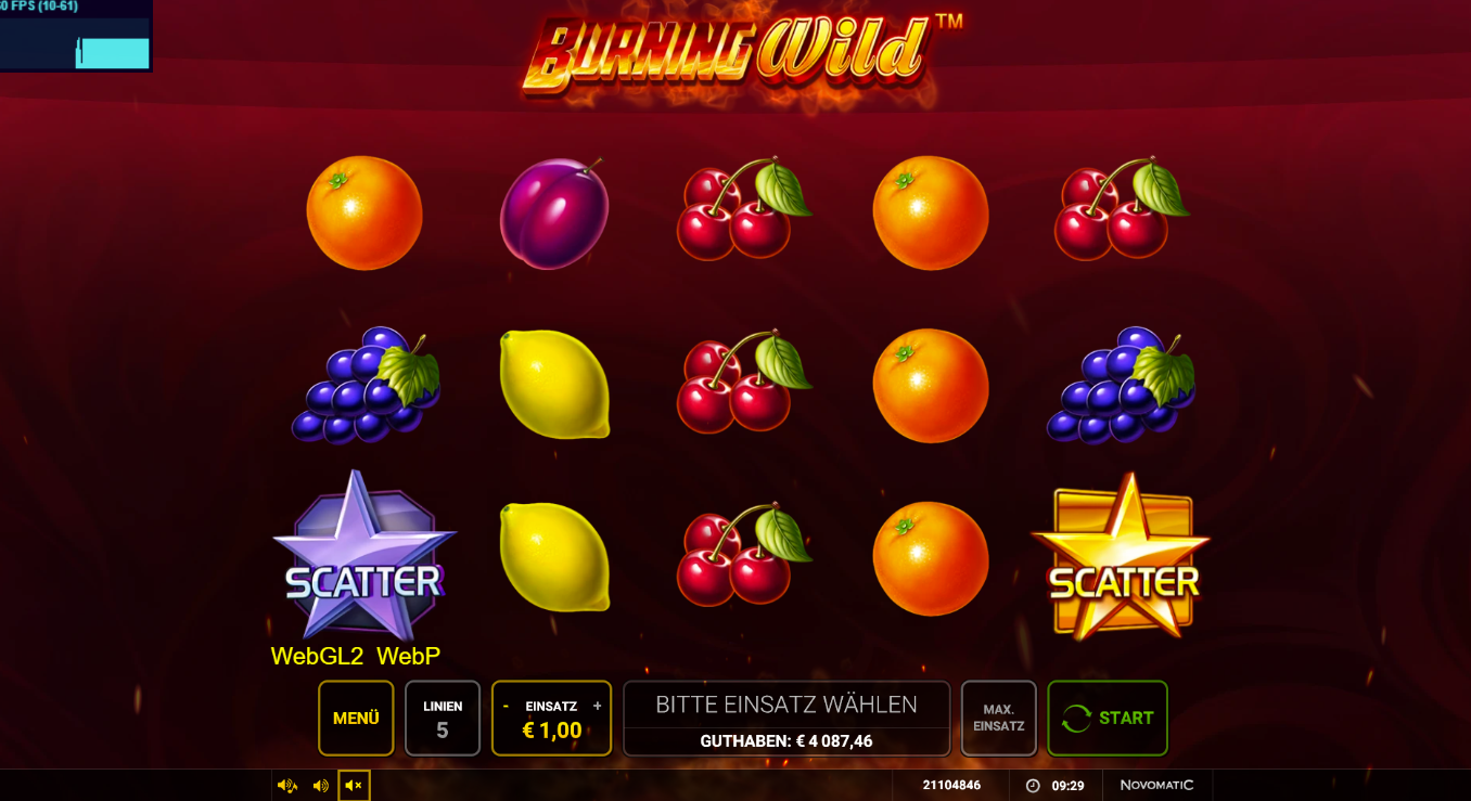 Burning-WILD-Slot mit Kirschen, Orangen, Zitronen, Trauben und Stern‑Scatter.