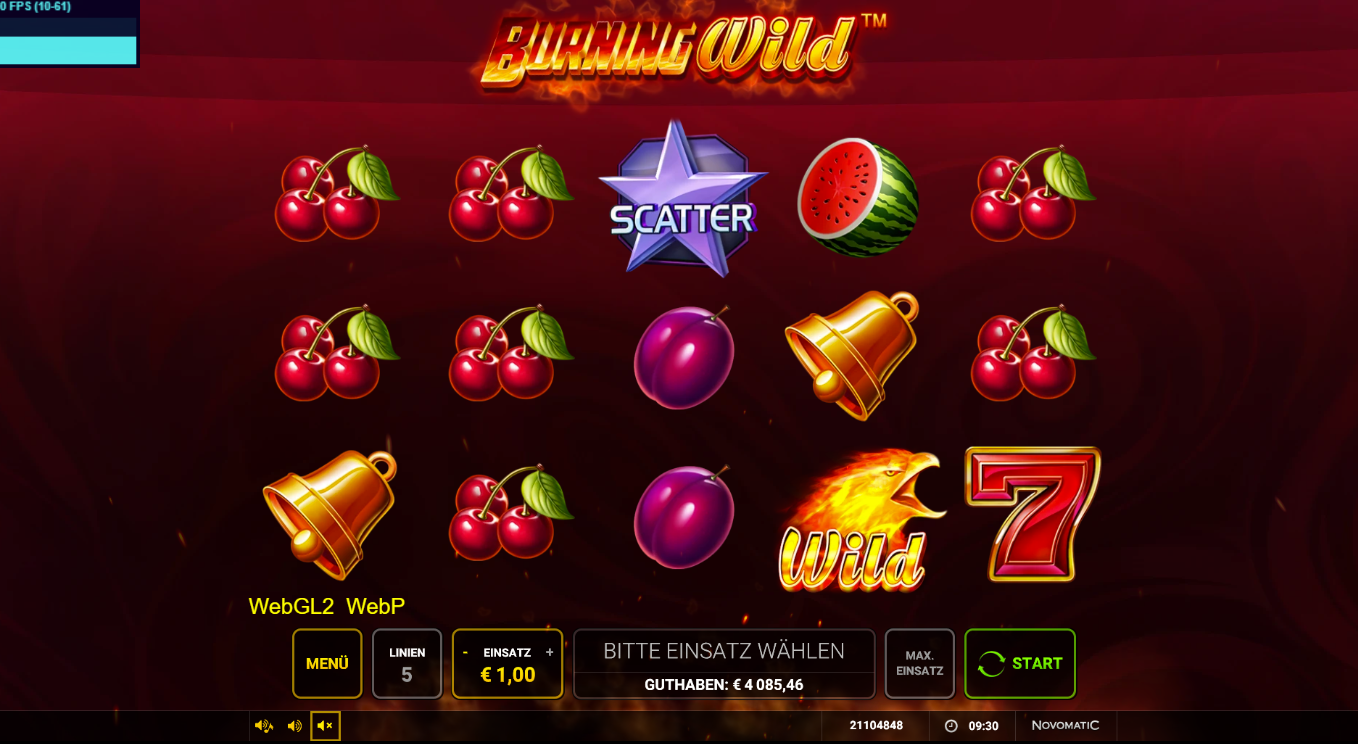 Burning-WILD-Slot mit Wild‑Feueradler, Stern‑Scatter, Sieben, Glocken und Fr&uuml;chten.