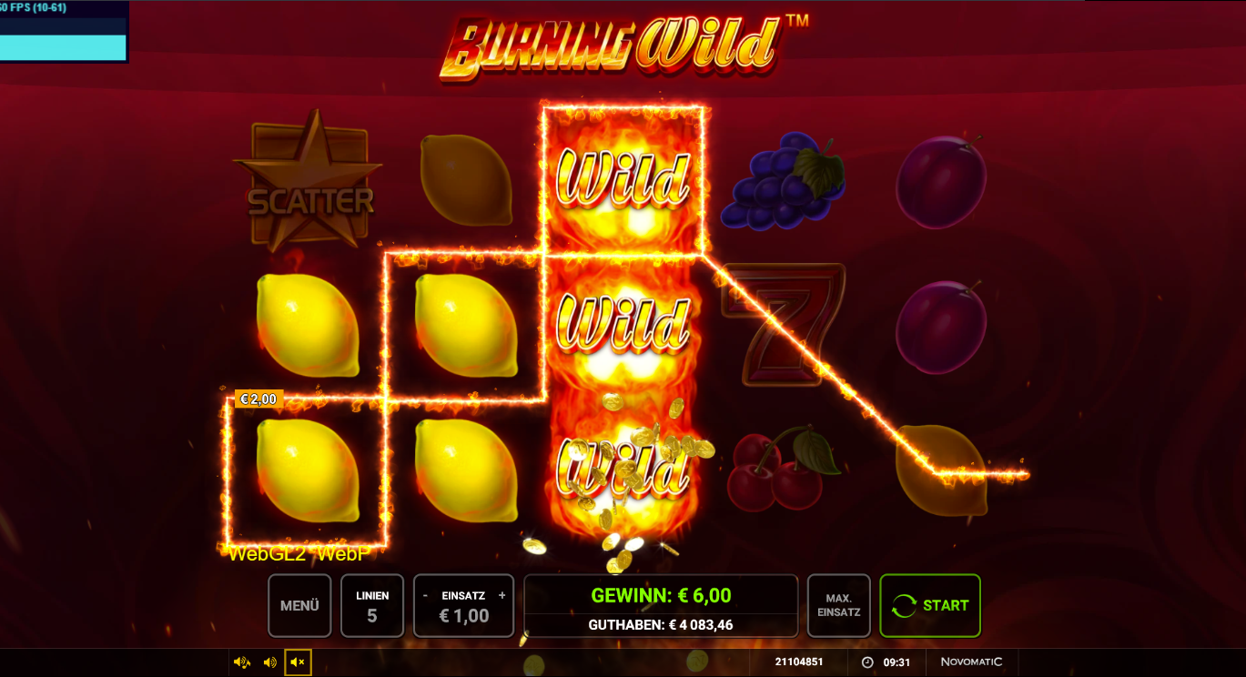Burning-WILD-Slot mit gestapelten Feuer‑Wilds, Zitronen, Gewinnlinie und Scatter‑Stern.