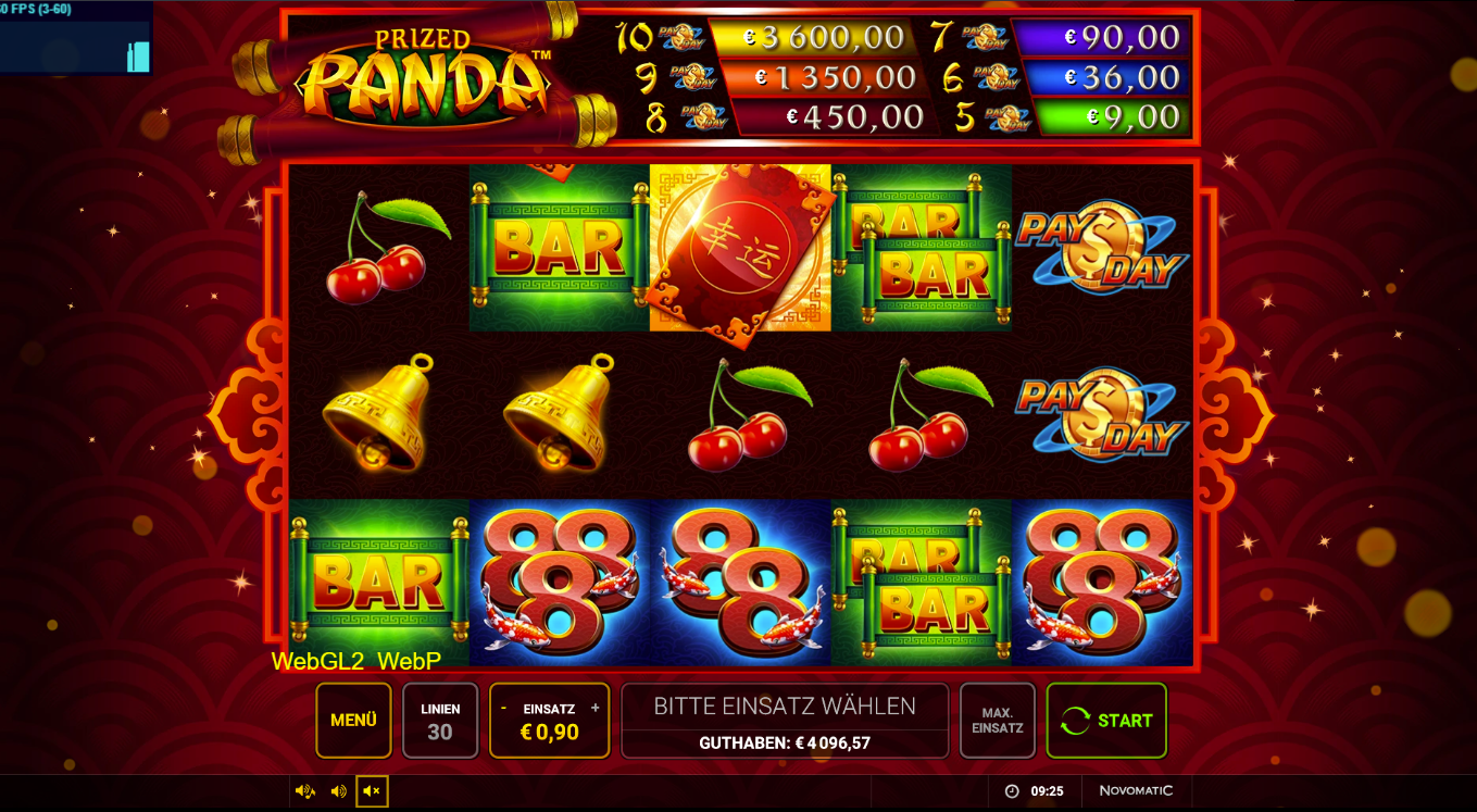 Prized-Panda-Slot mit BAR‑Symbolen, Kirschen, Glocken, PayDay‑Logo und roter Schriftrolle.