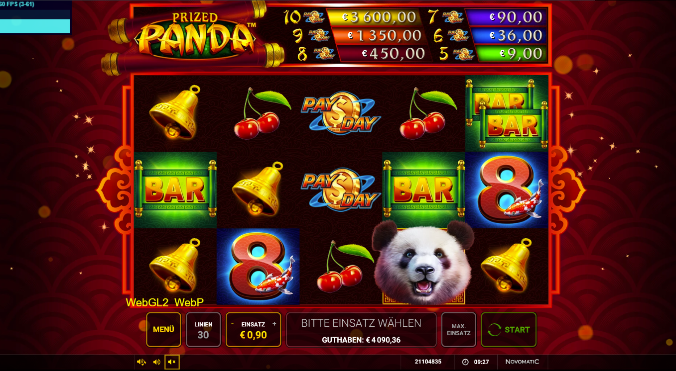 Prized-Panda-Slot mit Panda‑Wild, BAR‑Symbolen, Kirschen, Glocken, PayDay und Zahl 8.