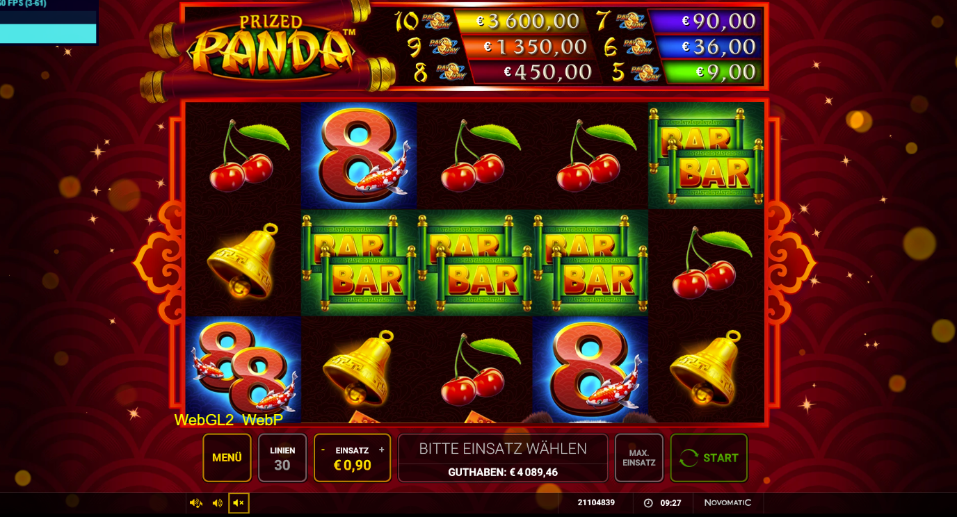 Prized-Panda-Slot mit BAR‑Symbolen, Zahl 8, Kirschen und Glocken.