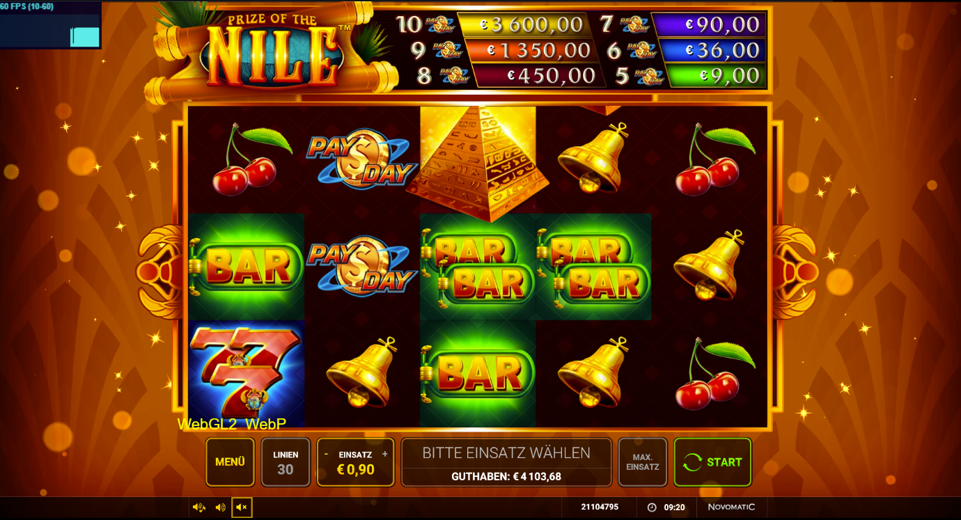 Prize-of-the-Nil-Slot mit Pyramide, BAR‑Symbolen, Glocken, Kirschen und Sieben.