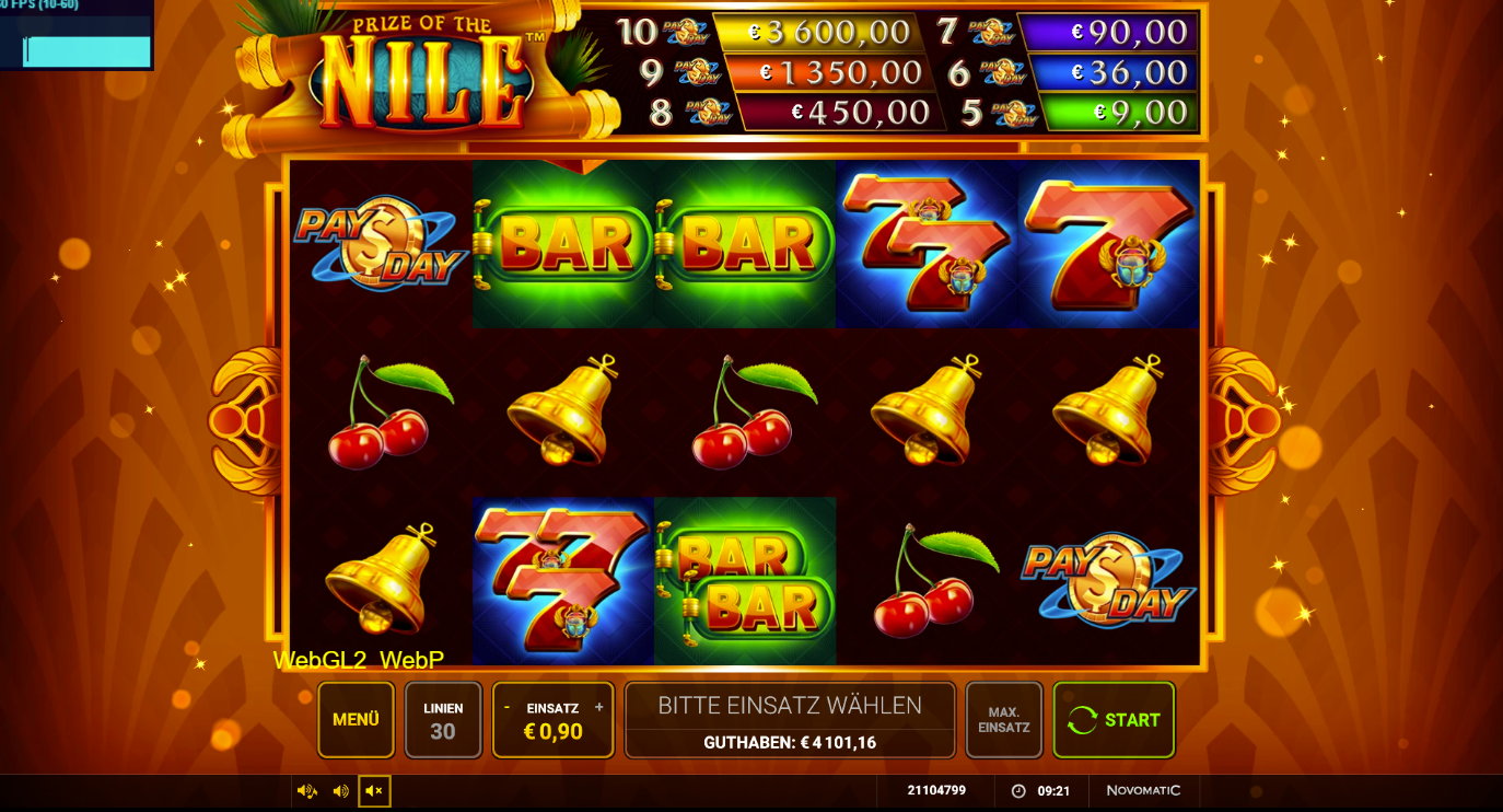 Prize-of-the-Nil-Slot mit BAR‑Symbolen, Siebenen, Glocken, Kirschen und PayDay.