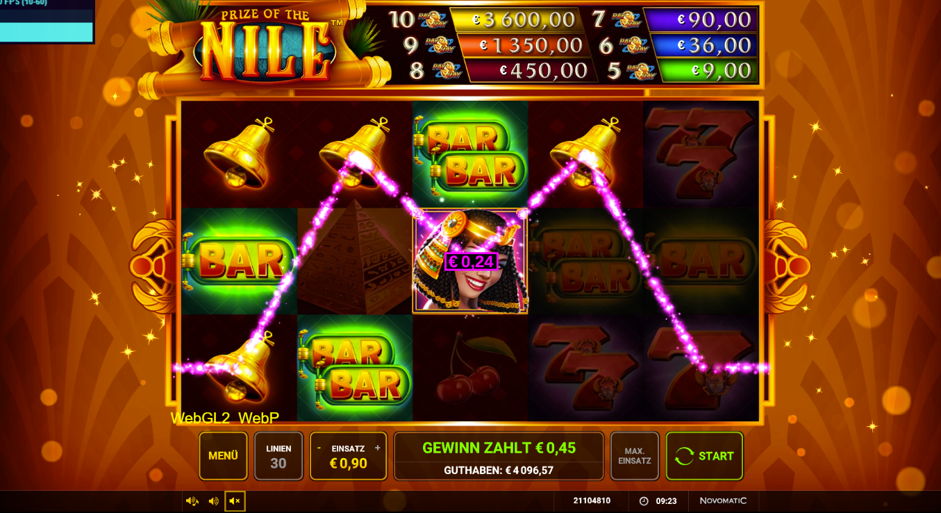 Prize-of-the-Nil-Slot mit Gewinnlinien, Cleopatra‑Symbol, BARs, Glocken und Sieben.
