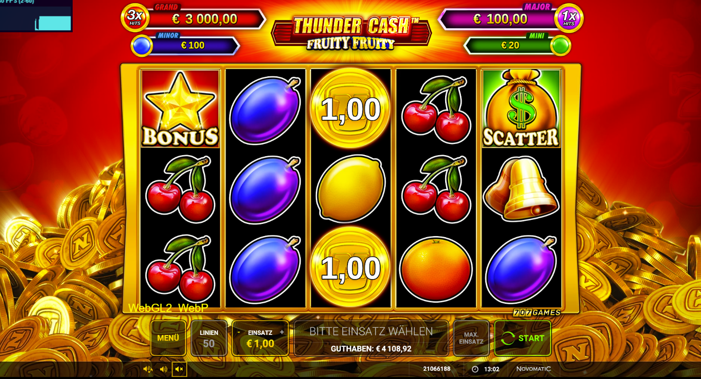Thunder-Cash-Fruity-Fruity-Slot mit Bonus‑Stern, Scatter‑Geldsack, Fr&uuml;chten und M&uuml;nzwerten.