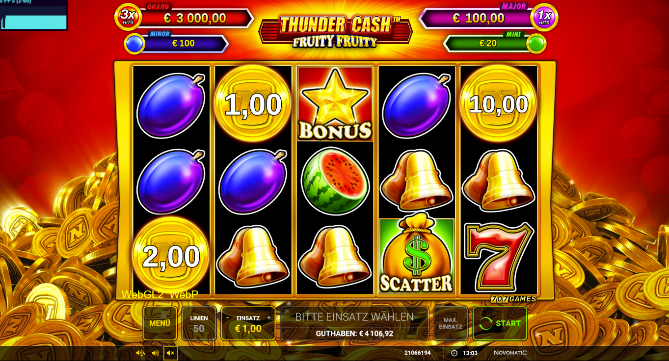 Thunder-Cash-Fruity-Fruity-Slot it Bonus‑Stern, Scatter‑Geldsack, M&uuml;nzwerten und Fr&uuml;chten.