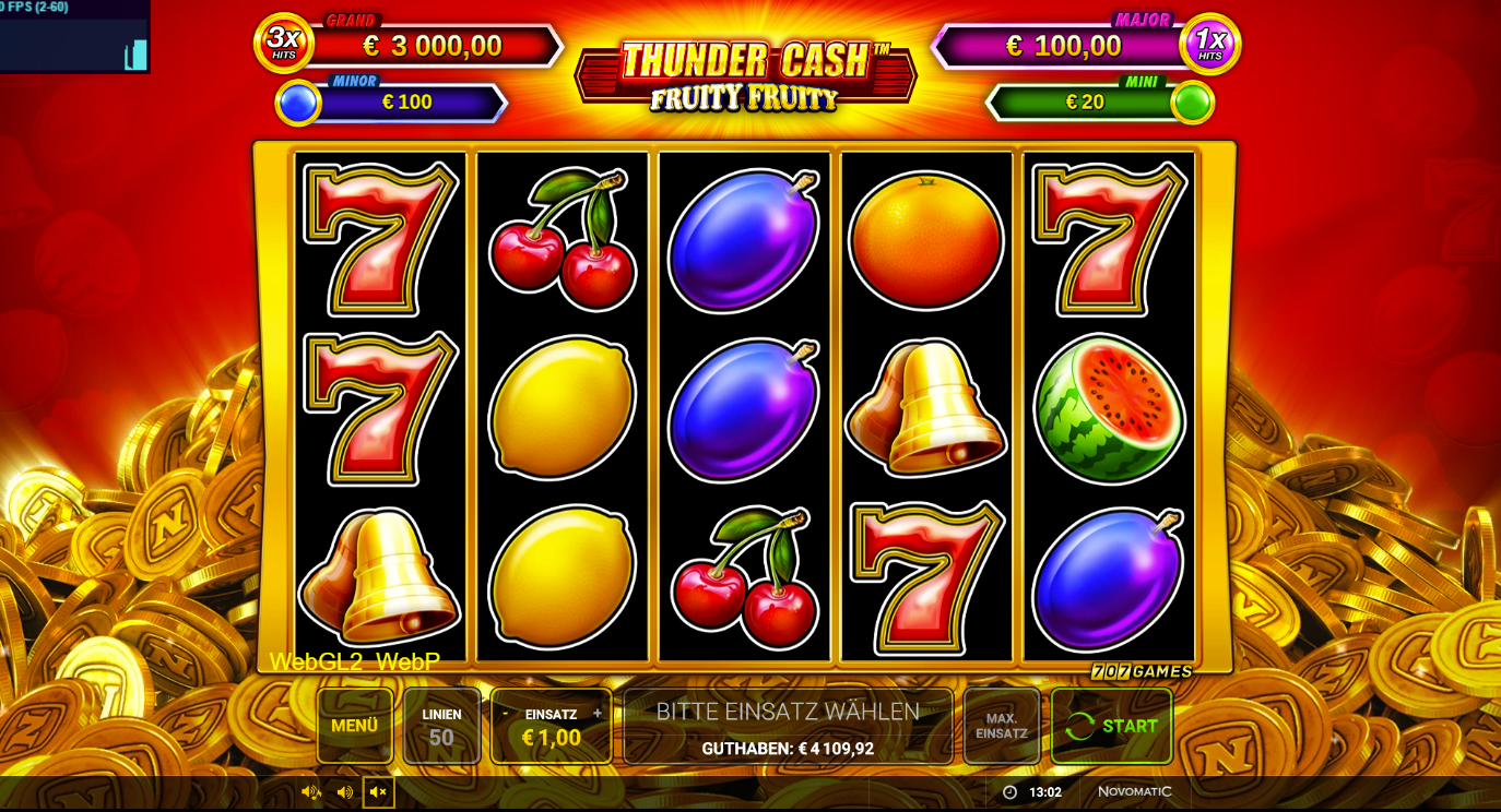 Thunder-Cash-Fruity-Fruity-Slot mit Siebenen, Kirschen, Pflaumen, Orangen und Zitrone.