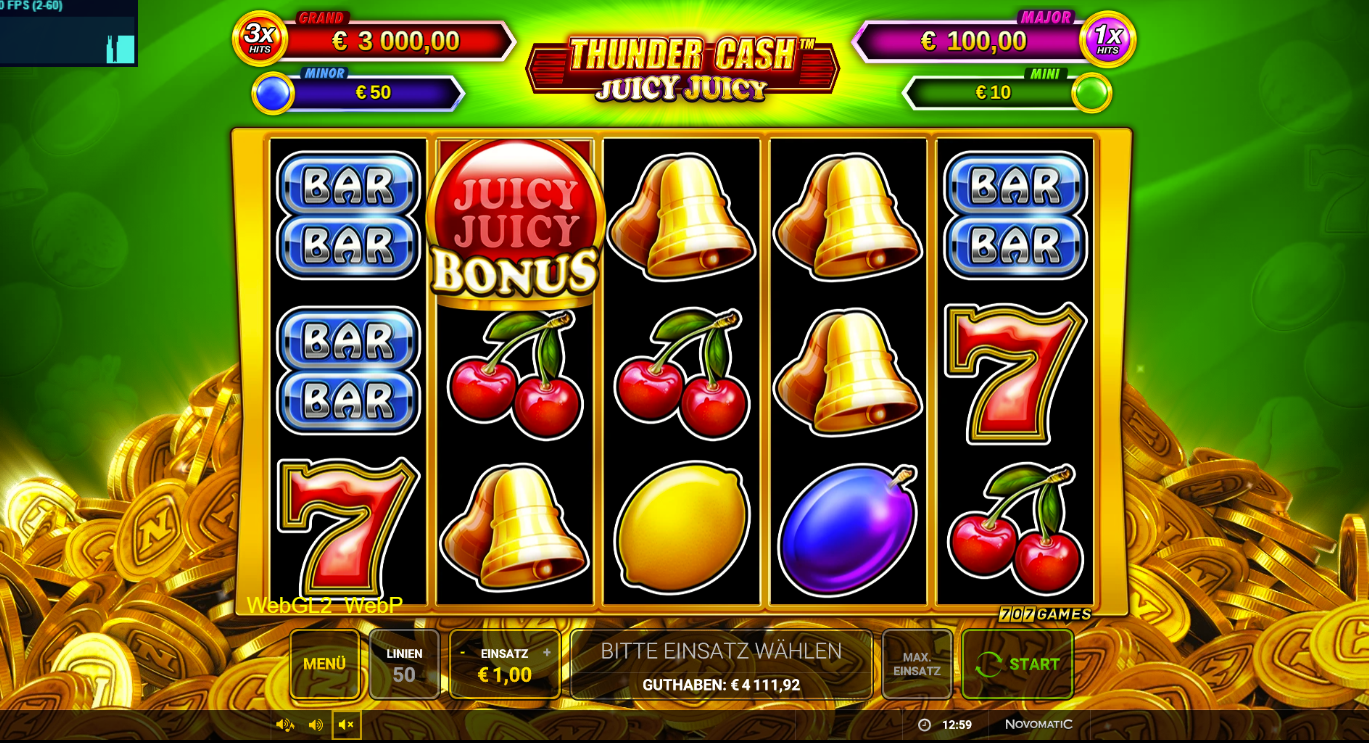 Thunder-Cash-Juicy-Juicy-Slot mit Bonus‑Symbol, Glocken, BARs, Siebenen und Fr&uuml;chten.