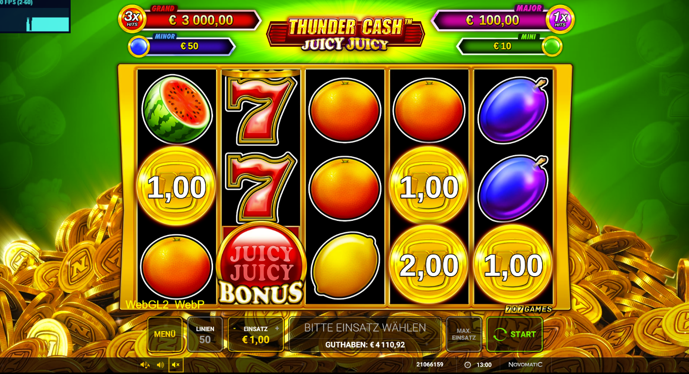 Thunder-Cash-Juicy-Juicy-Slot mit M&uuml;nz‑Werten, Sieben, Fr&uuml;chten und Bonus‑Symbol.