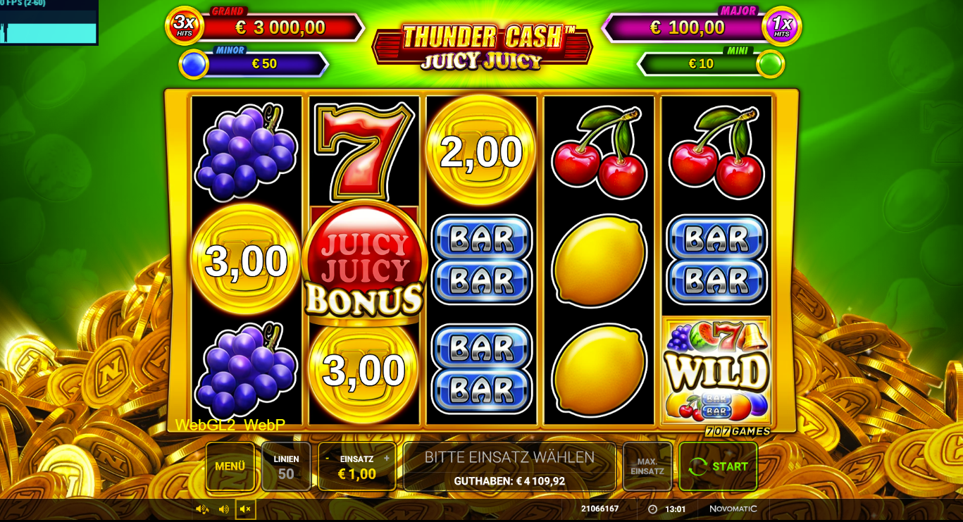 Thunder-Cash-Juicy-Juicy-Slot mit Wild‑Symbol, M&uuml;nz‑Werten, BARs, Siebenen und Fr&uuml;chten.
