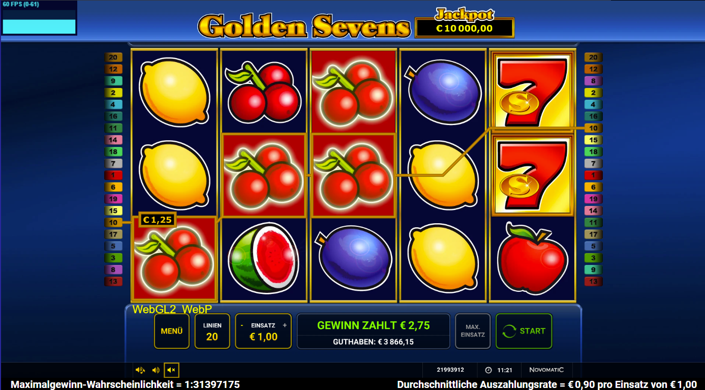 Golden-Sevens-Slot mit Zitronen, Kirschen, Pflaumen und roter Sieben.