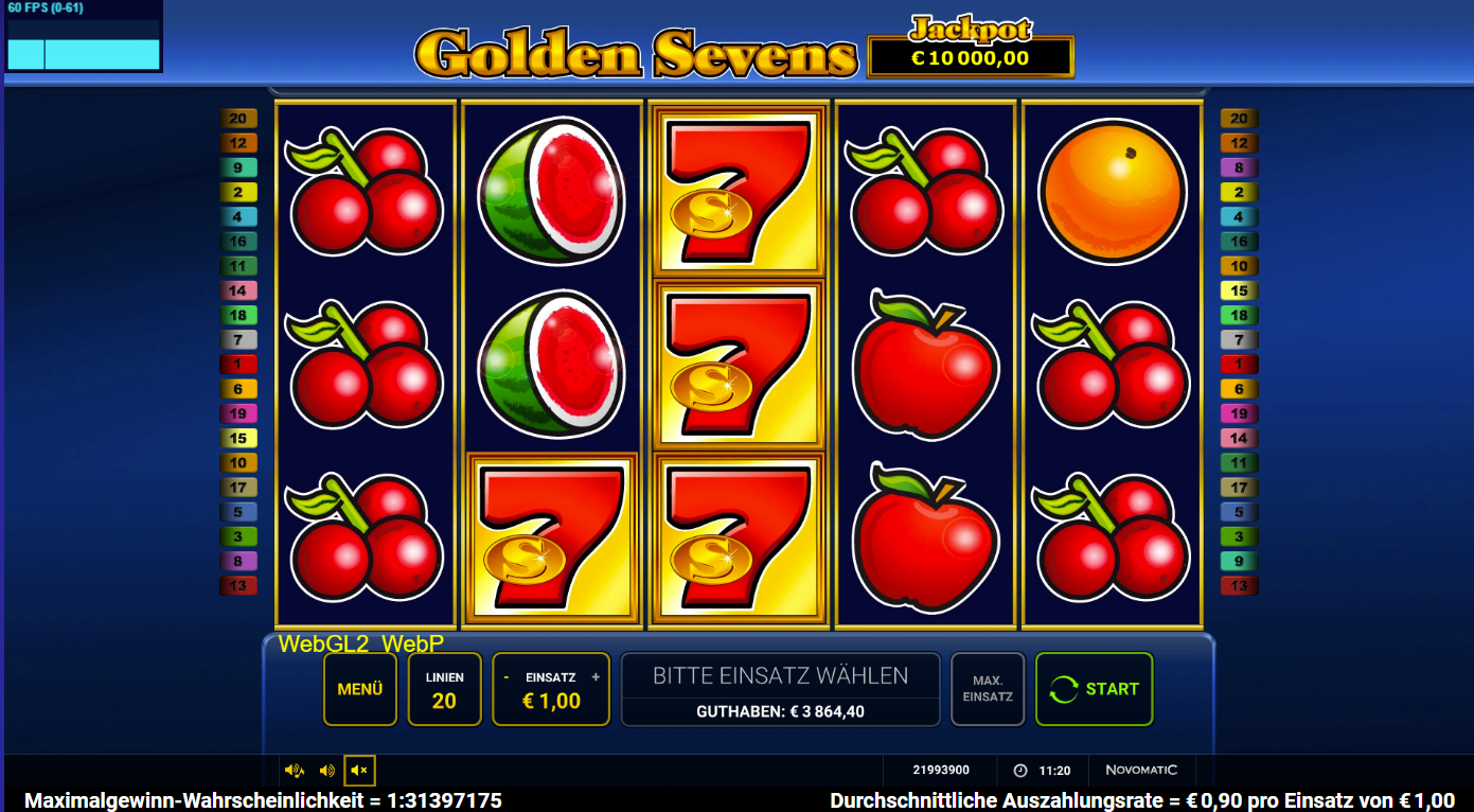 Golden-Sevens-Slot mit roten 7‑Wilds, Kirschen, Melonen, &Auml;pfeln und Orangen.