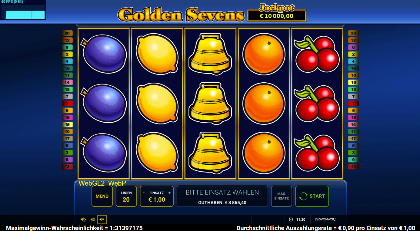 Golden-Sevens-Slot mit Pflaumen, Zitronen, Glocken, Orangen und Kirschen.