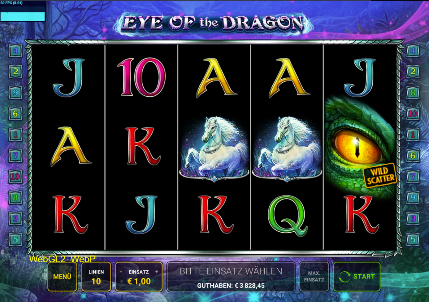 Eye-of-the-Dragon-Slot mit Drachenauge‑Wild‑Scatter, Einh&ouml;rnern und A‑K‑Q‑J‑10.