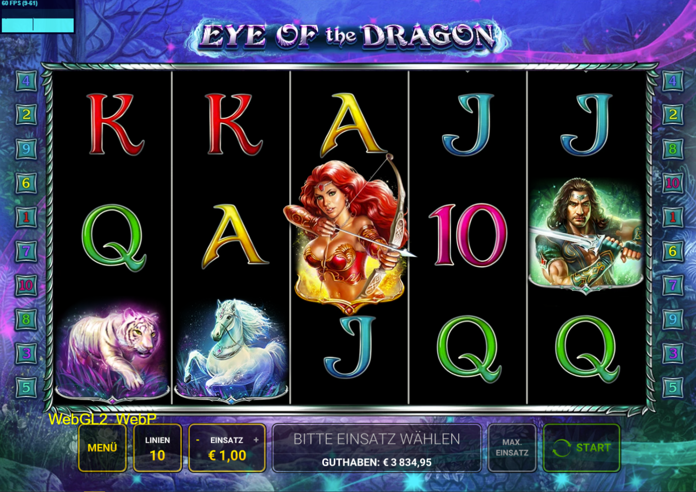Eye-of-the-Dragon-Slot mit wei&szlig;em Tiger, Einhorn, Krieger, Bogensch&uuml;tzin und A‑K‑Q‑J‑10.