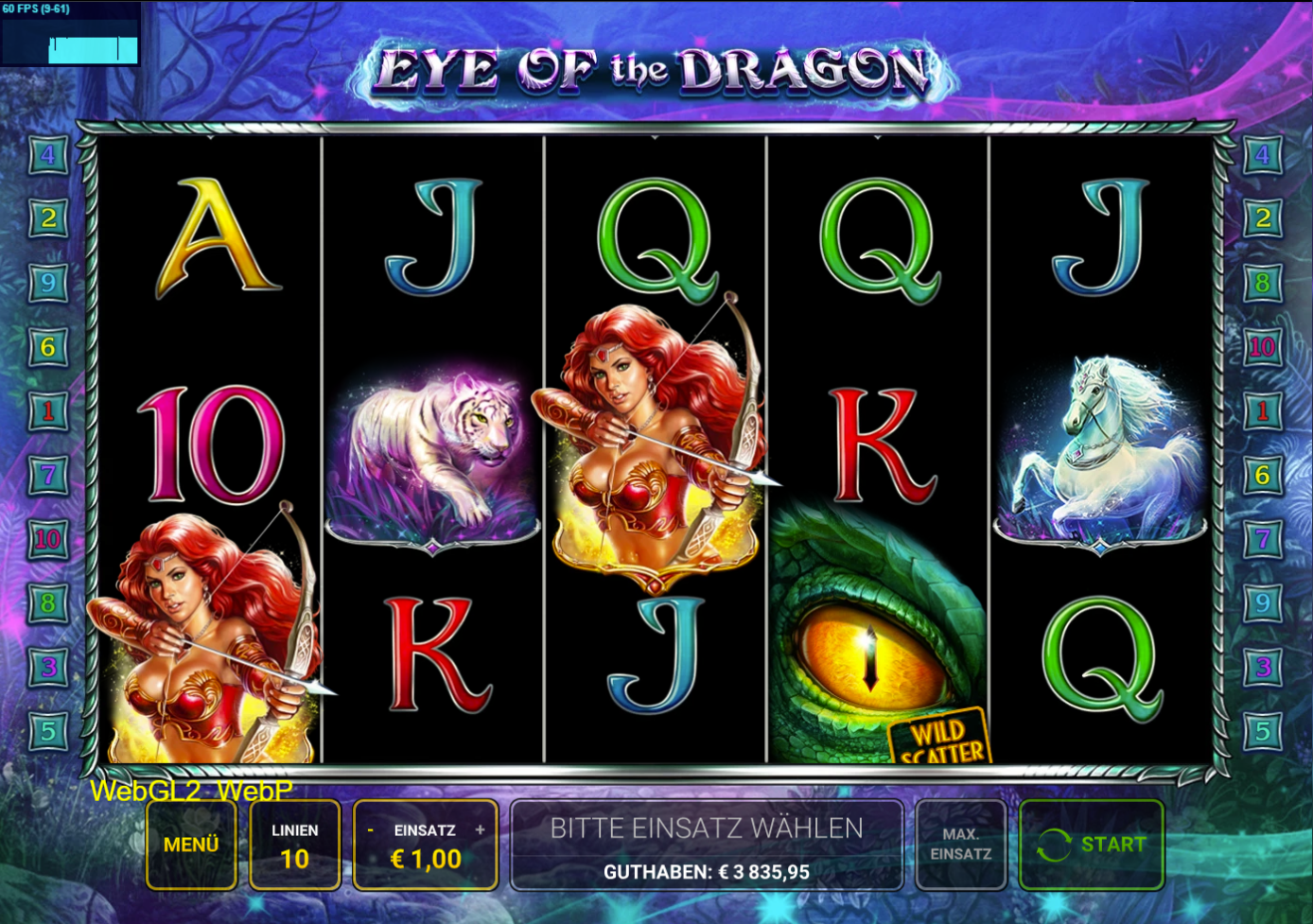 Eye-of-the-Dragon-Slot mit Drachenauge‑Wild, wei&szlig;em Tiger, Einhorn und A‑K‑Q‑J‑10.