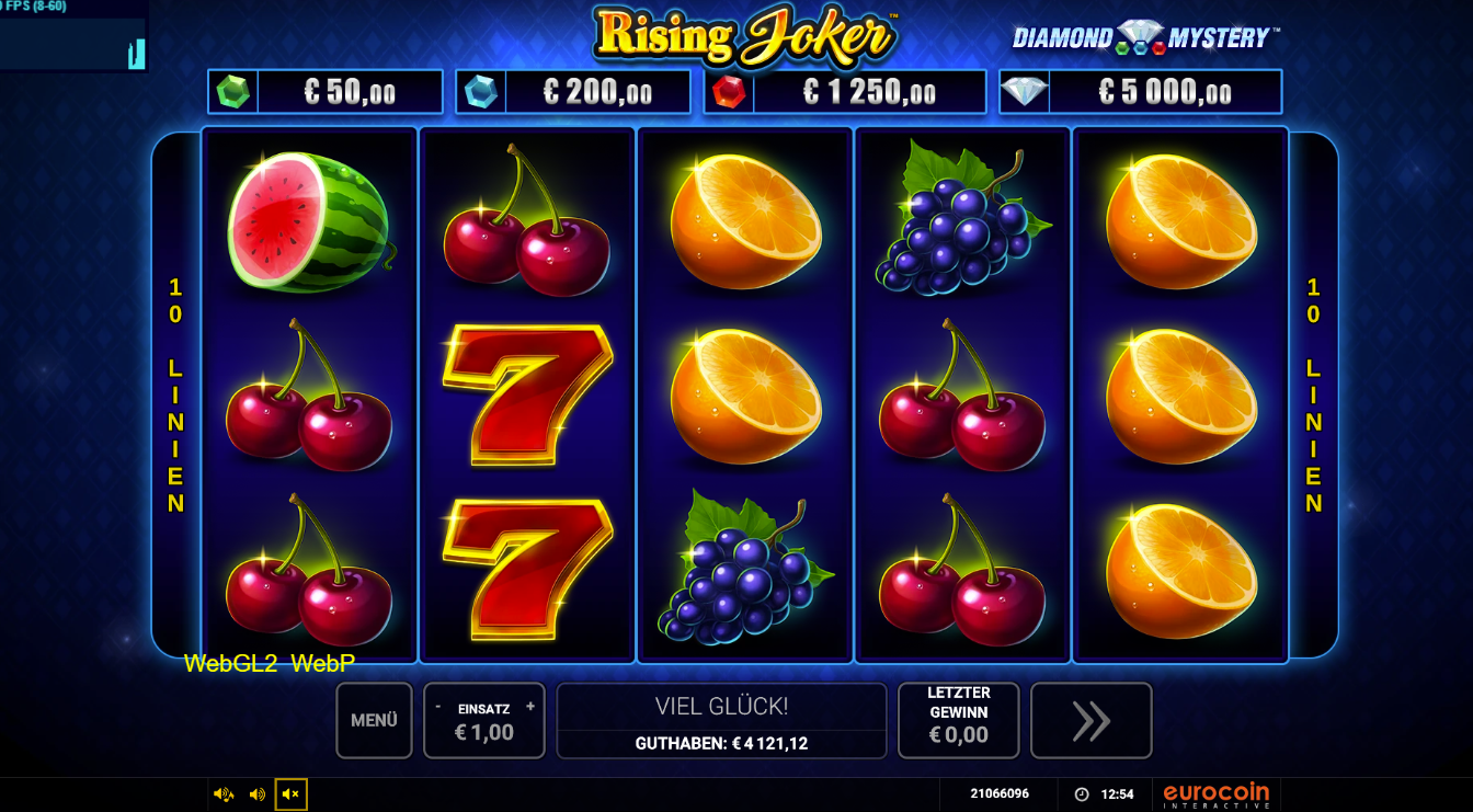 Rising-Joker-Slot mit roten Siebenen, Kirschen, Orangen, Trauben und Melonen.