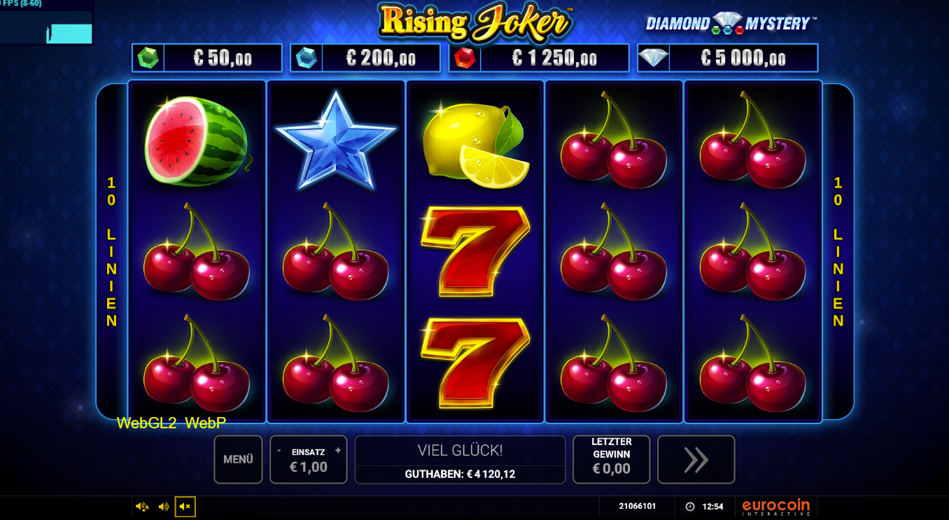 Rising-Joker-Slot mit Joker‑Wild‑Stern, Siebenen, Zitronen, Kirschen und Melonen.