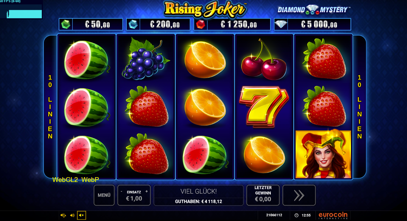 Rising-Joker-Slot mit Joker‑Wild, Sieben, Erdbeeren, Orangen, Trauben und Melonen.