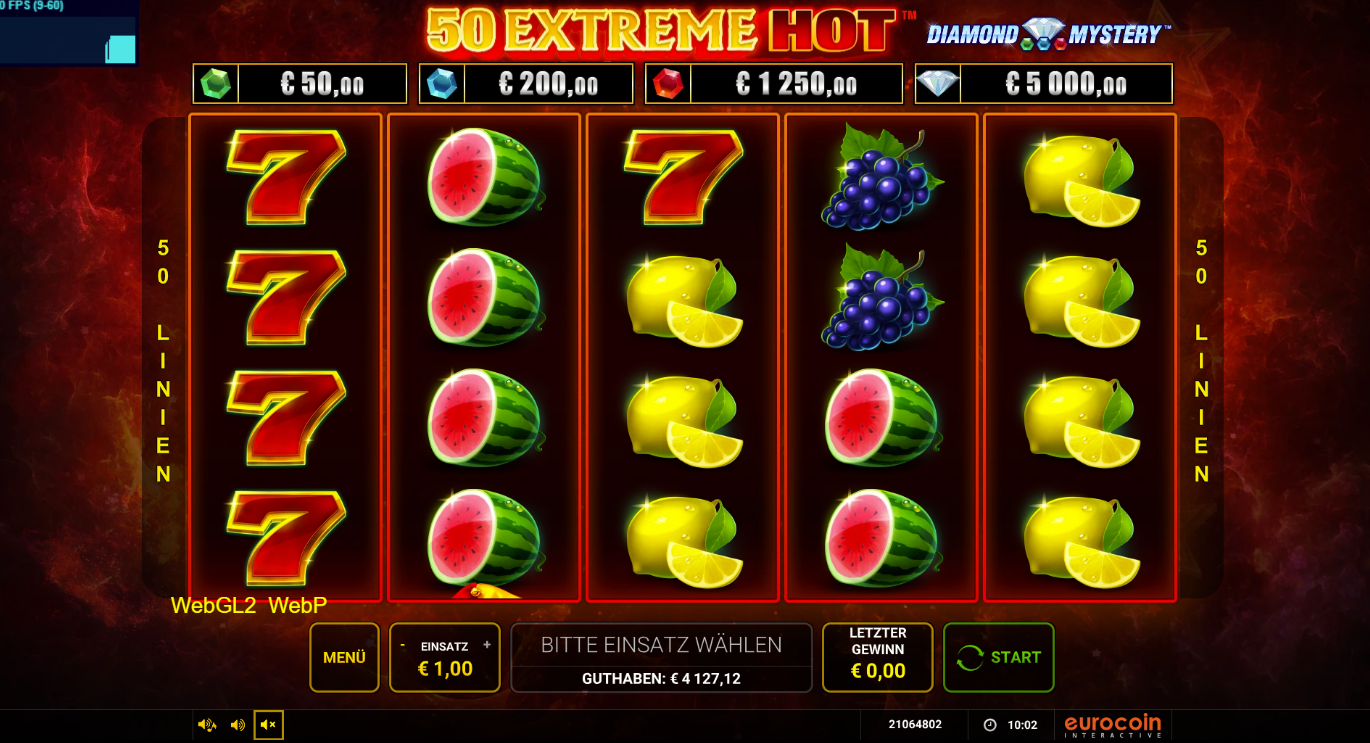50-Extreme-Hot-Slot roten Siebenen, Wassermelonen, Zitronen und Trauben.