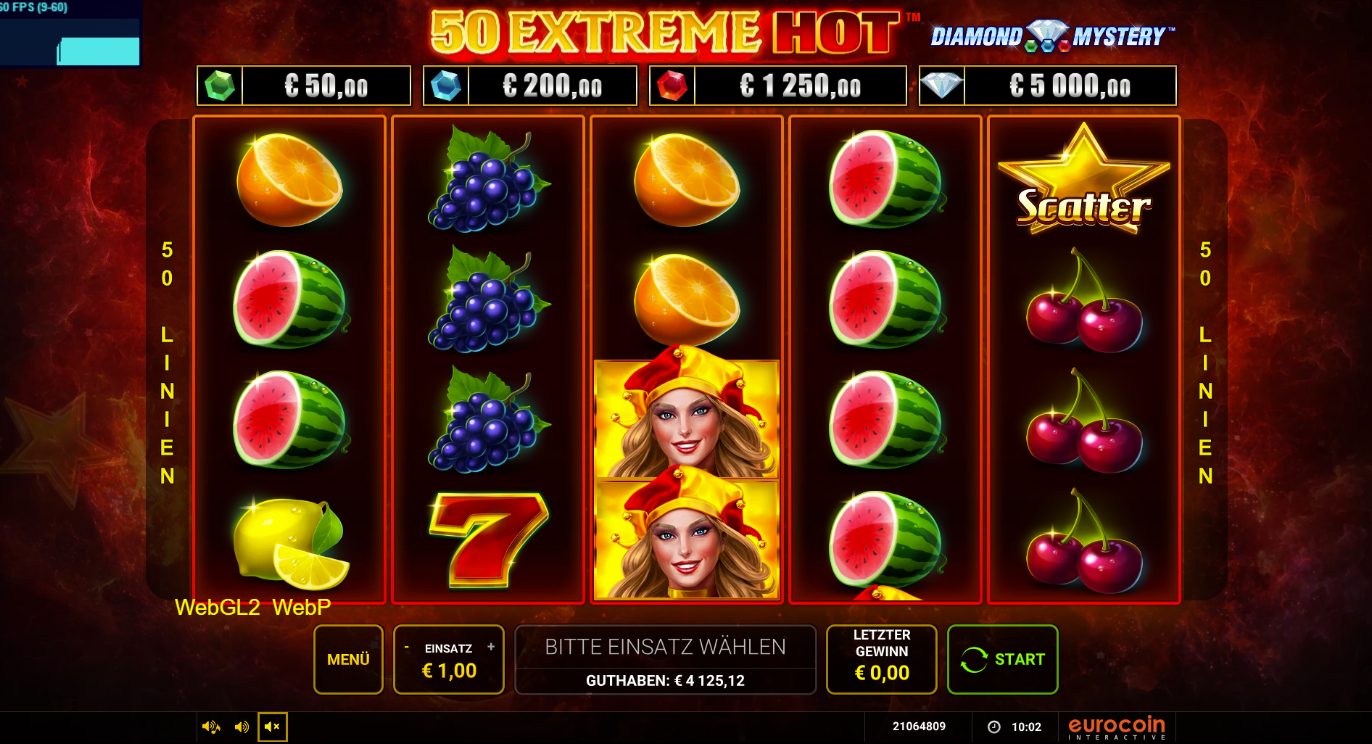 50-Extreme-Hot-Slot mit Joker‑Wild, Stern‑Scatter, Sieben, Melonen und Kirschen.
