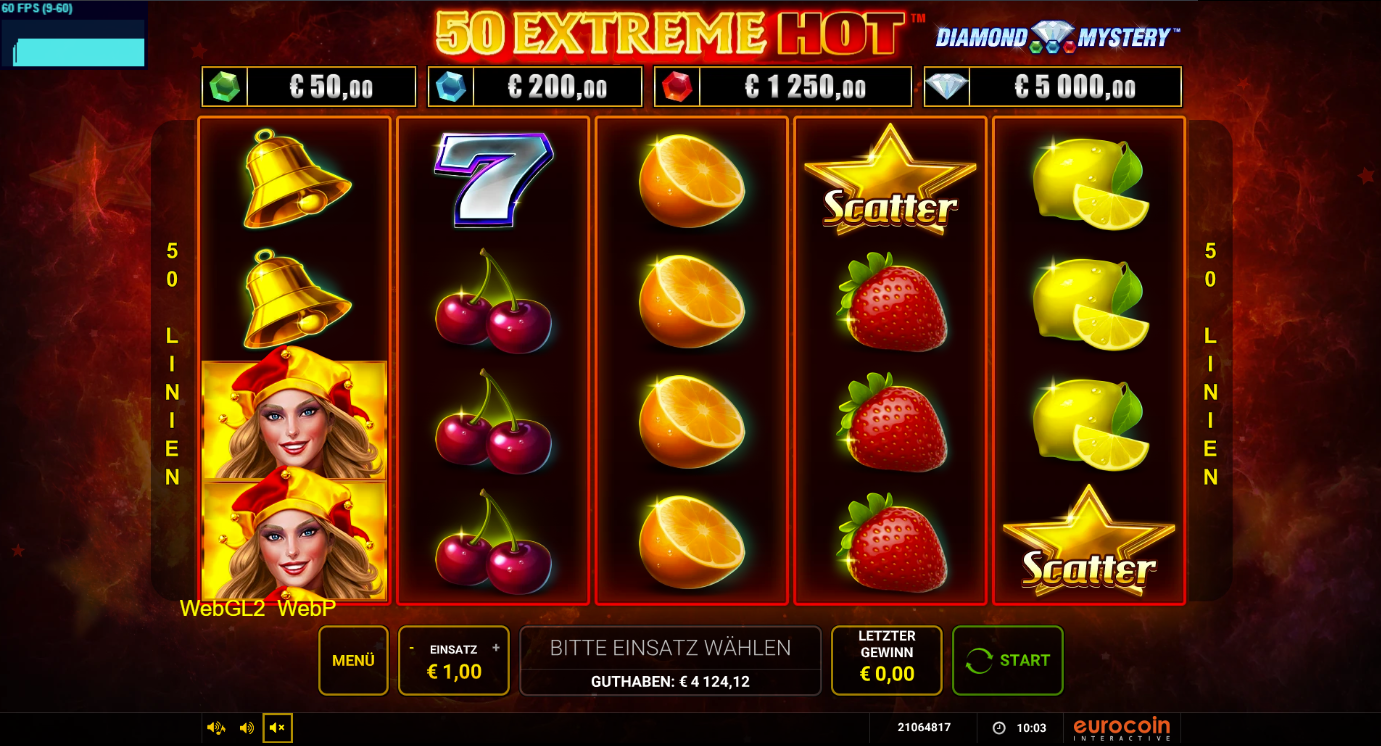 50-Extreme-Hot-Slot mit Joker‑Wild, Glocken, Sieben, Stern‑Scatter und Erdbeeren.
