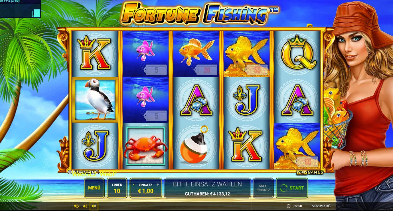Fortune-Fishing-Slot mit bunten Fischen, Krabbe, Boje, Seevogel und Kartensymbolen.